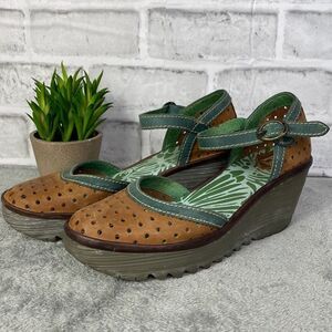 Fly London Ying Wedge Heel Leather Sandals Camel Green Size 37/6.5